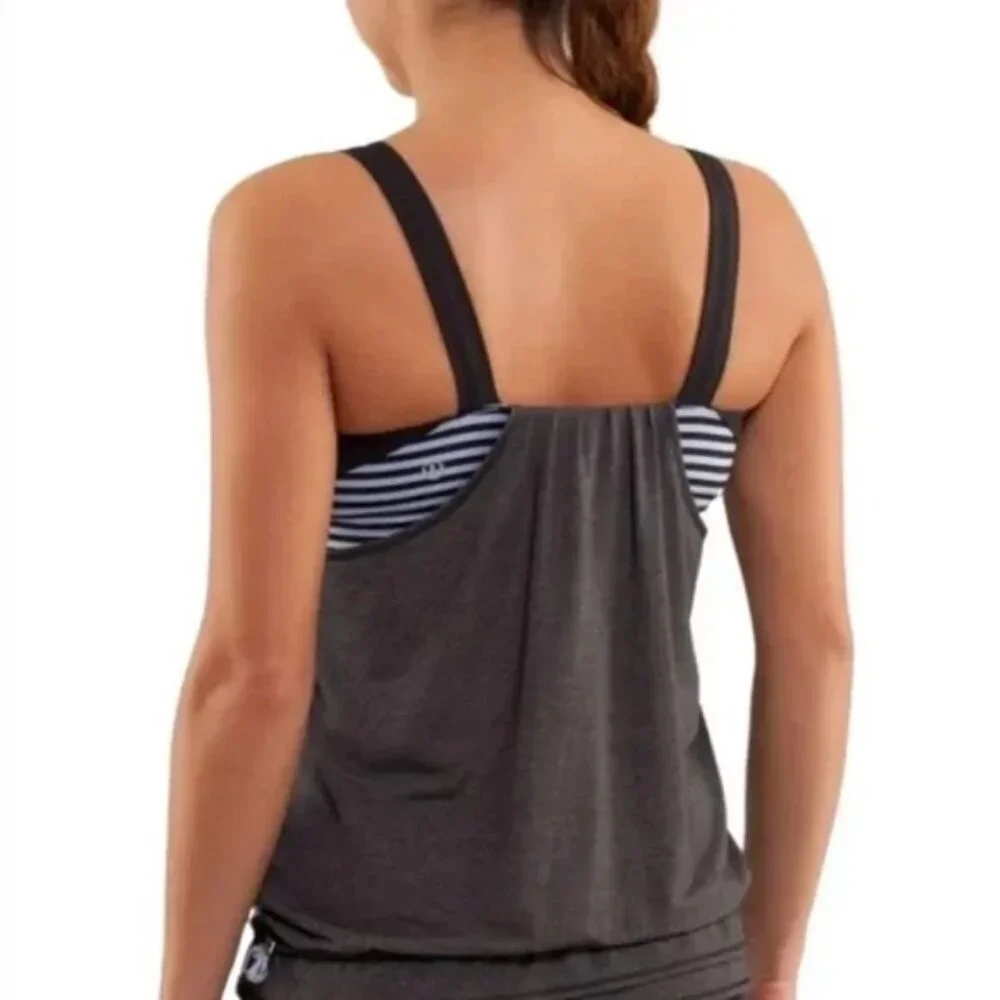 Lululemon Run Back On Track Tank Built in‎ Bra Blue Heathered Gray Drawstring 6